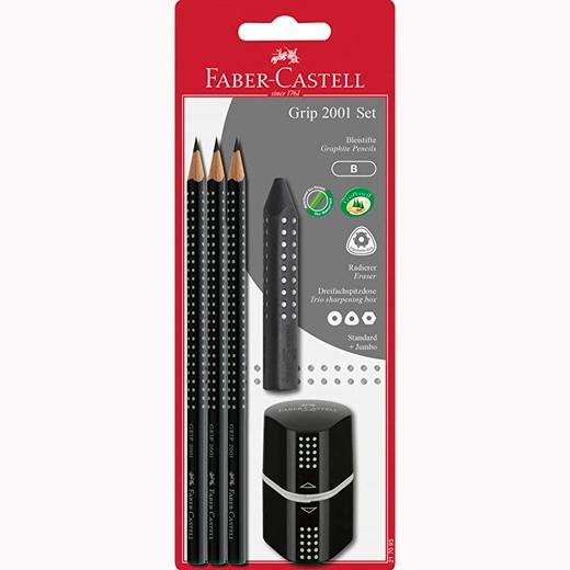 FABER CASTELL - SET 2001 GRIP 3 LÁPICES DE GRAFITO + GOMA + Sacapuntas/Afilalapices NEGRO EN BLISTER (Ref.217093)