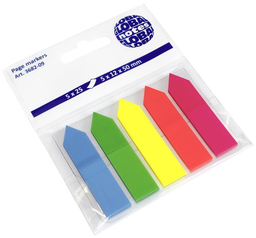 GLOBAL NOTES - BANDERITAS ADHESIVAS 12x44 FLECHA PACK de 5 (azul-verde-amarillo-naranja-rosa) (Ref.3682-09)