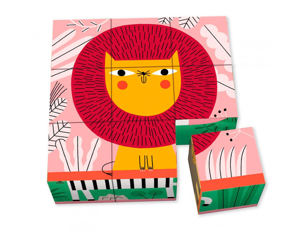 GOULA - PUZLE CUBOS DE CARTON ANIMALES SELVA 6 ESCENAS DIFERENTES 9 PIEZAS (Ref.53469)