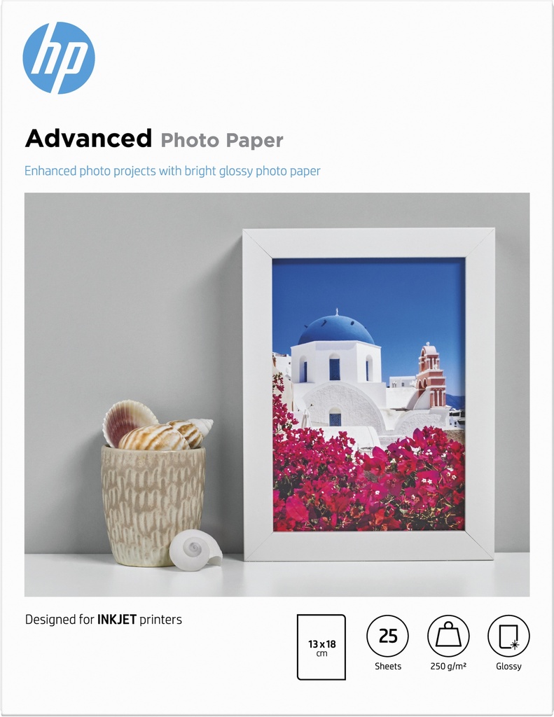 HP - Papel Advanced glossy photo, 250g/m2, 13x18cm borderless, 25 hojas (Ref.Q8696A)