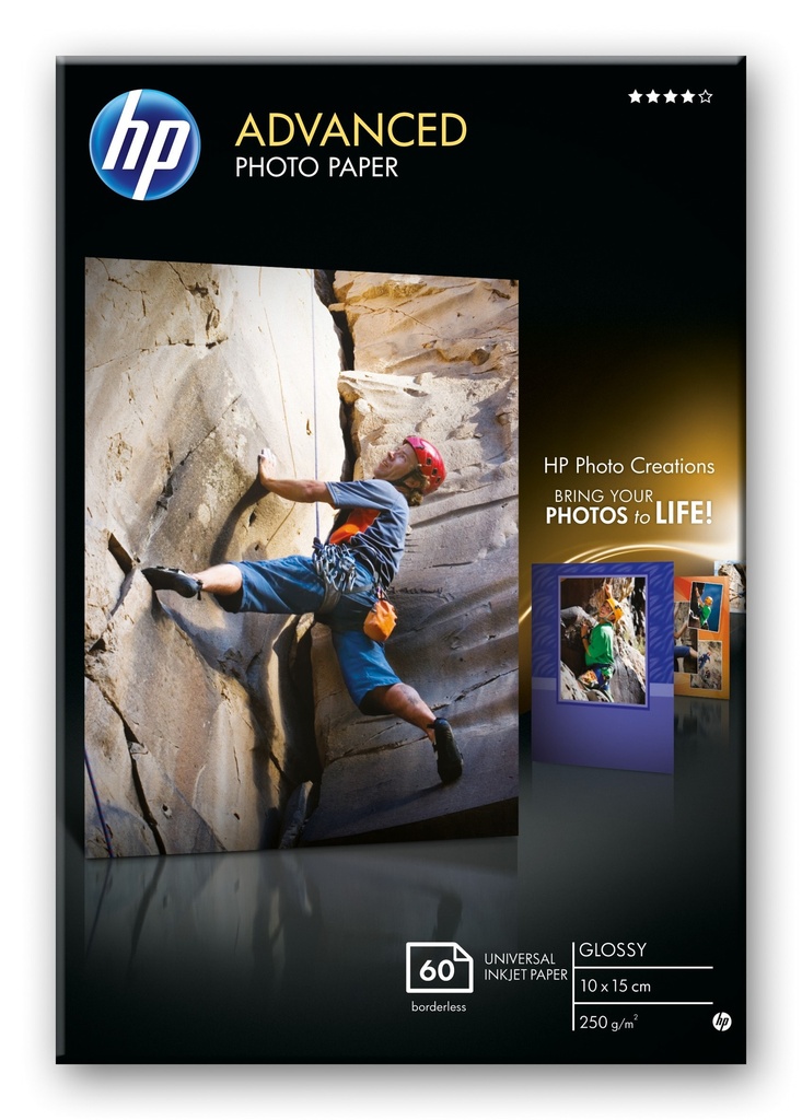 HP - Papel fotográfico satinado avanzado 250g/m2, 10x15cm, sin bordes, 60 hojas (Ref.Q8008A)