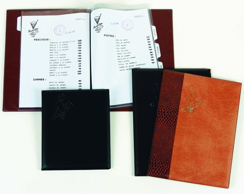 IBERPLAS - CARPETA PORTAMENUS PVC 4º 6 FUNDAS con PESTAÑAS IDIOMAS MARRON con CANTONERAS (Ref.1043K-04)