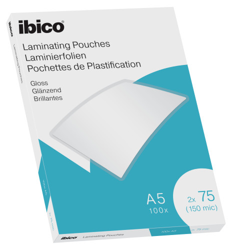 IBICO - CAJA 100 BOLSAS DE PLASTIFICACION 154X216 A5 BRILLO 75 MICRAS (Ref.627314)