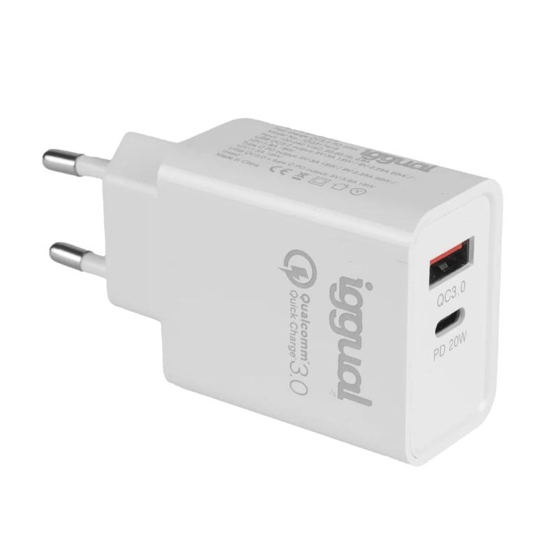 IGGUAL - Cargador doble USB QC3.0 + tipo C PD 20W (Ref.IGG317419)