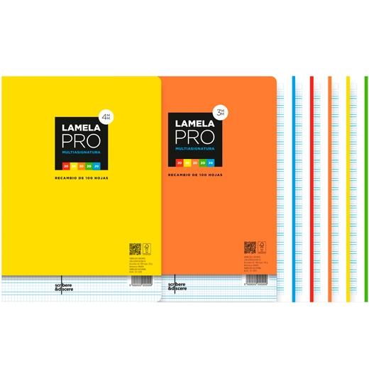 LAMELA - RECAMBIO PRO 4 TALADROS 100H A4 90GR RAYADO 3MM MULTIASIGNATURAS 5 COLORES (Ref.09A403)