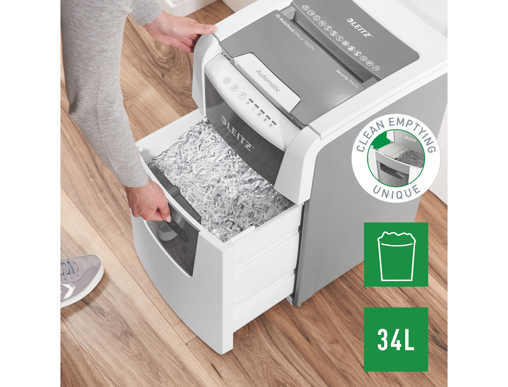 LEITZ - DESTRUCTORA IQ HOME OFFICE 100 P4 (10h CONFETI) BLANCA
Nv.seg.4 - particula 4x28mm dep.23L (Ref.80110000)