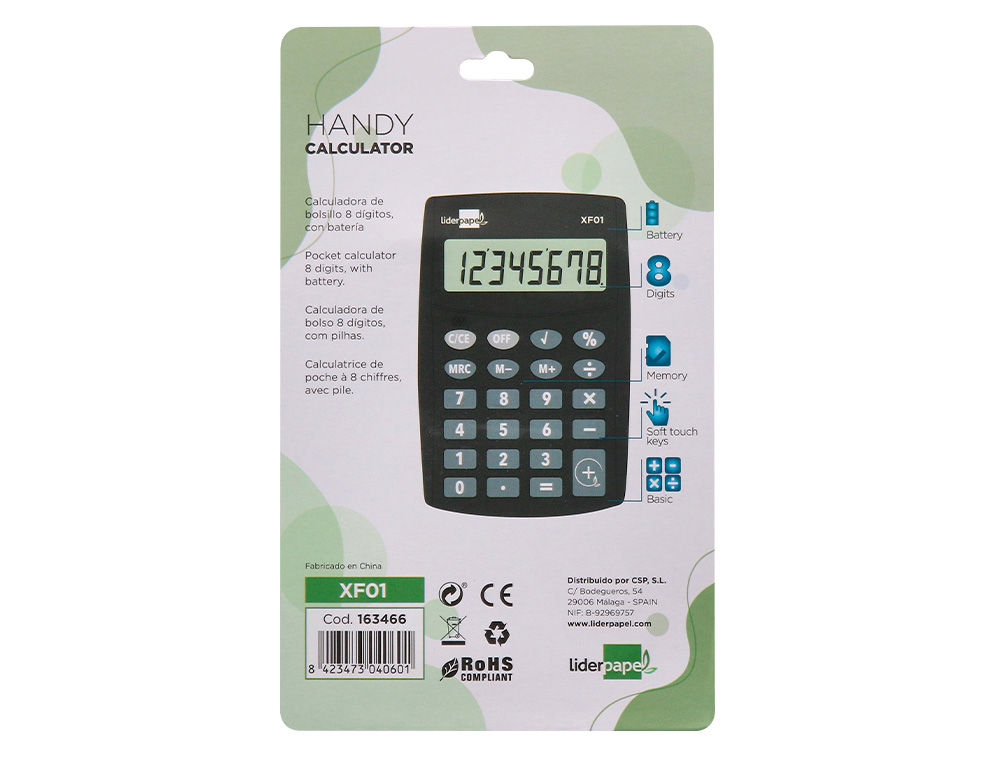 LIDERPAPEL - CALCULADORA BOLSILLO 8 DIGITOS PILAS COLOR NEGRO 99X64X9 MM (Ref.XF01)
