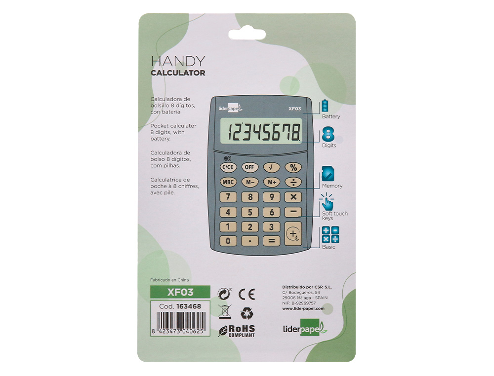 LIDERPAPEL - CALCULADORA BOLSILLO 8 DIGITOS PILAS COLOR GRIS 99X64X9 MM (Ref.XF03)
