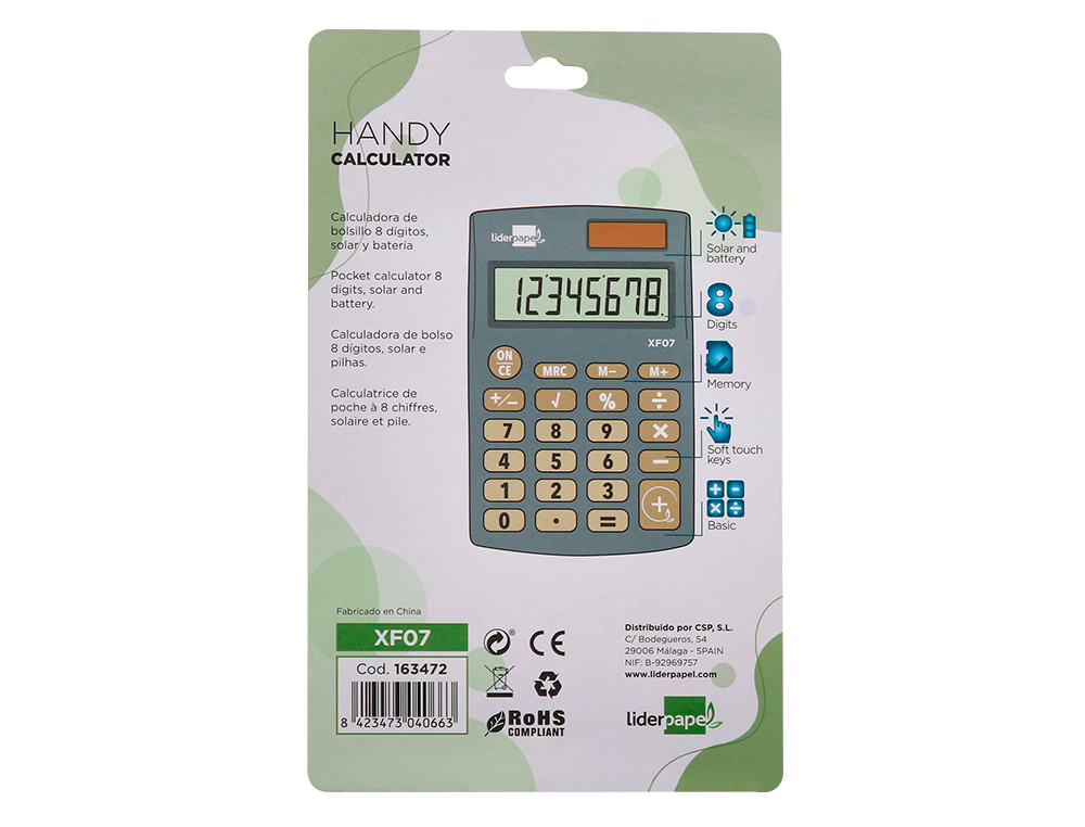 LIDERPAPEL - CALCULADORA BOLSILLO 8 DIGITOS SOLAR Y PILAS COLOR GRIS 98X62X8 MM (Ref.XF07)