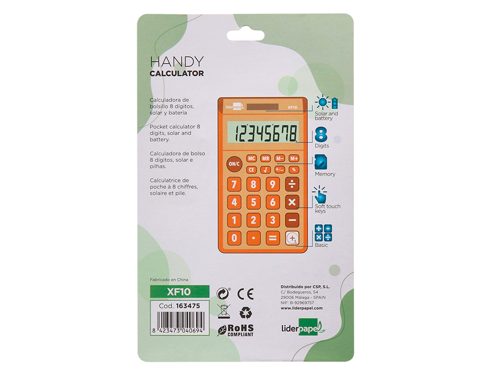 LIDERPAPEL - CALCULADORA BOLSILLO 8 DIGITOS SOLAR Y PILAS COLOR NARANJA 115X65X8 MM (Ref.XF10)