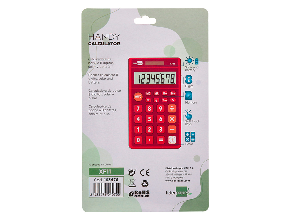 LIDERPAPEL - CALCULADORA BOLSILLO 8 DIGITOS SOLAR Y PILAS COLOR ROJO 115X65X8 MM (Ref.XF11)