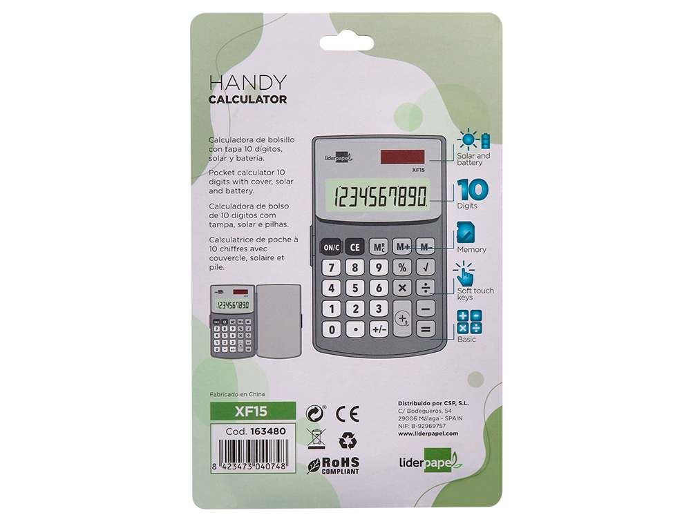 LIDERPAPEL - CALCULADORA BOLSILLO 10 DIGITOS CON TAPA SOLAR Y PILAS COLOR GRIS 123X75X12 MM (Ref.XF15)