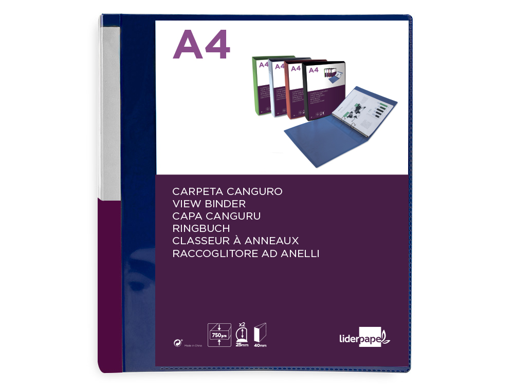 LIDERPAPEL - CARPETA CANGURO 2 ANILLAS 25 MM MIXTAS POLIPROPILENO DIN A4 AZUL TRANSLUCIDO (Ref.KG49)