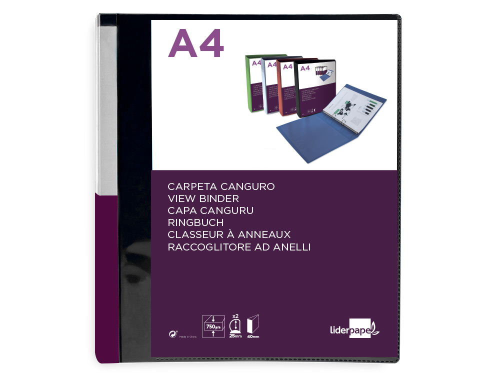 LIDERPAPEL - CARPETA CANGURO 2 ANILLAS 25 MM MIXTAS POLIPROPILENO DIN A4 NEGRO OPACO (Ref.KG48)