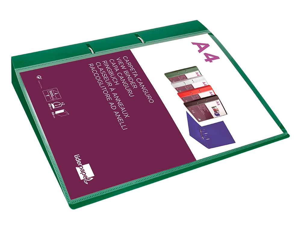 LIDERPAPEL - CARPETA CANGURO 2 ANILLAS 40 MM MIXTAS POLIPROPILENO DIN A4 VERDE TRANSLICUDO (Ref.CH51)