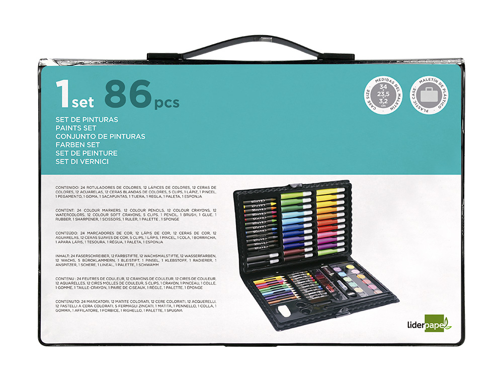 LIDERPAPEL - ESTUCHE DE PINTURA PLASTICO 86 PIEZAS 34X23X3,2 CM (Ref.SX01)