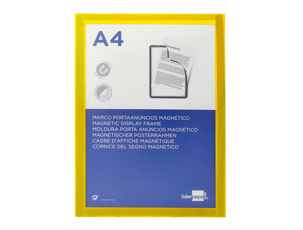 LIDERPAPEL - MARCO PORTA ANUNCIOS MAGNETICO DIN A4 DORSO ADHESIVO REMOVIBLE COLOR AMARILLO (Ref.MA01)