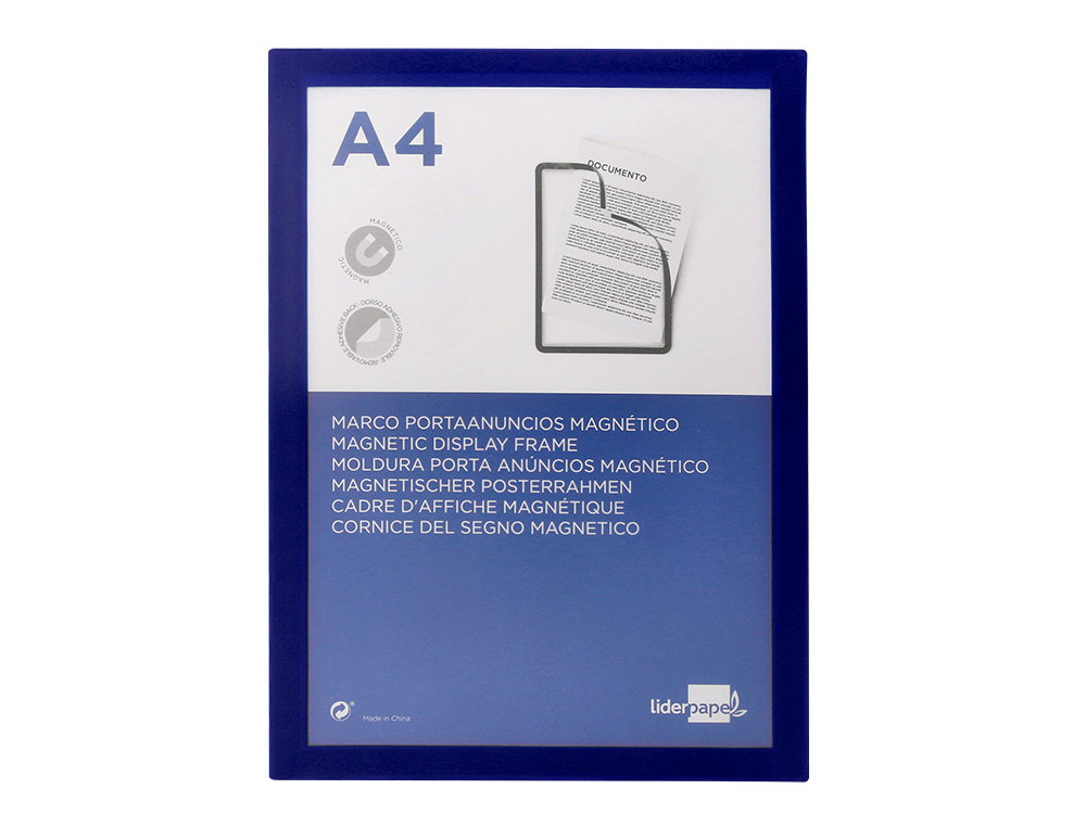 LIDERPAPEL - MARCO PORTA ANUNCIOS MAGNETICO DIN A4 DORSO ADHESIVO REMOVIBLE COLOR AZUL (Ref.MA02)