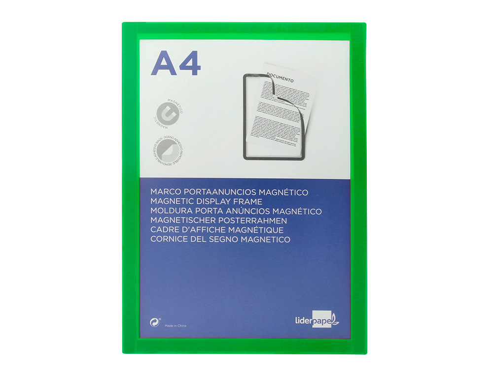 LIDERPAPEL - MARCO PORTA ANUNCIOS MAGNETICO DIN A4 DORSO ADHESIVO REMOVIBLE COLOR VERDE (Ref.MA05)