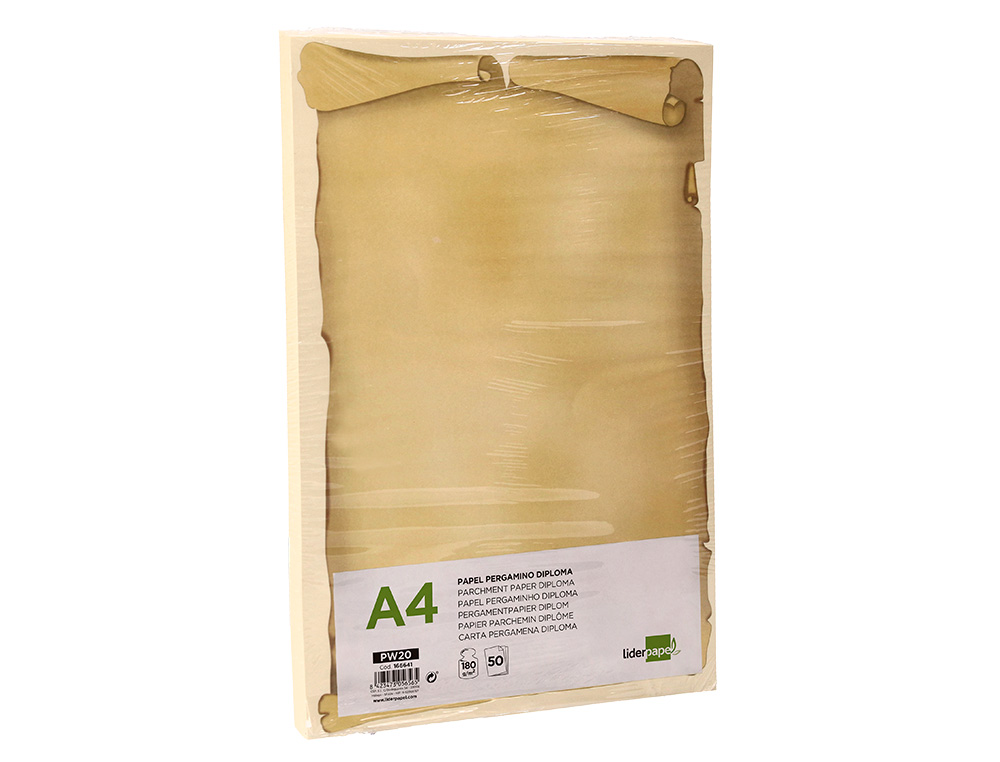 LIDERPAPEL - PAPEL PERGAMINO DIN A4 DIPLOMA 180 G/M2 PAQUETE DE 50 HOJAS (Ref.PW20)