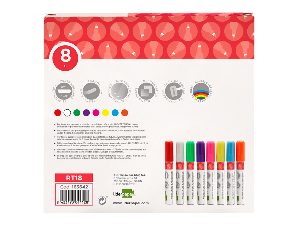 LIDERPAPEL - ROTULADOR TIZA LIQUIDA PARA CRISTAL PUNTA REDONDA TRAZO 6 MM CAJA DE 8 UNIDADES COLORES SURTIDOS (Ref.RT18)