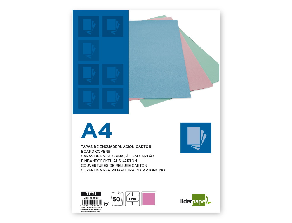 LIDERPAPEL - TAPA ENCUADERNACION CARTON A4 1 MM ROSA PAQUETE DE 50 UNIDADES (Ref.TE31)