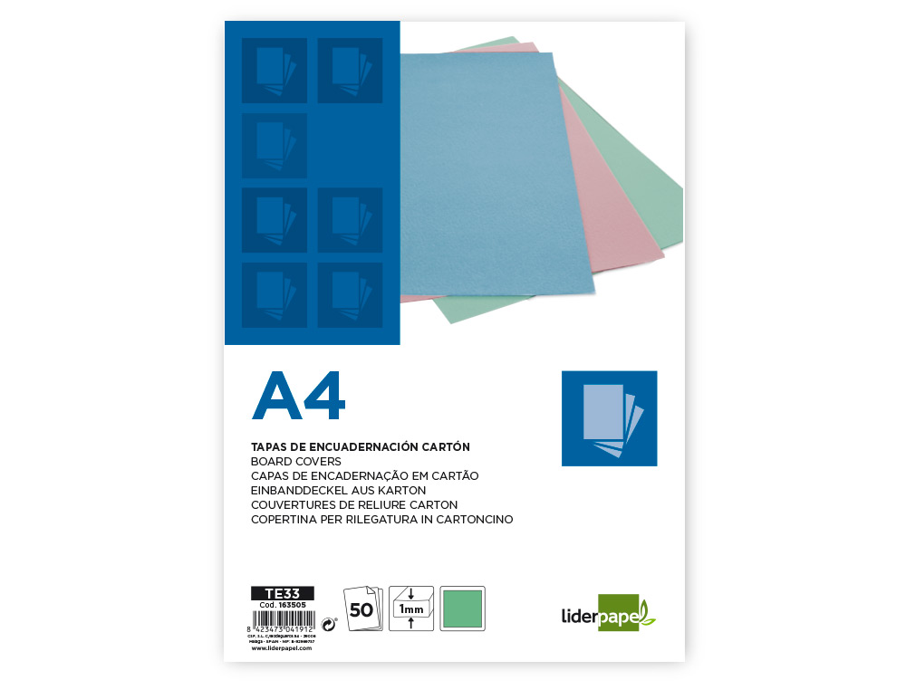 LIDERPAPEL - TAPA ENCUADERNACION CARTON A4 1 MM VERDE MENTA PAQUETE DE 50 UNIDADES (Ref.TE33)