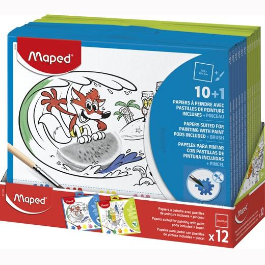 MAPED - 10 PAPELES PARA PINTAR CON PASTILLAS DE PINTURA + PINCEL COLORES SURTIDOS (Ref.831225)