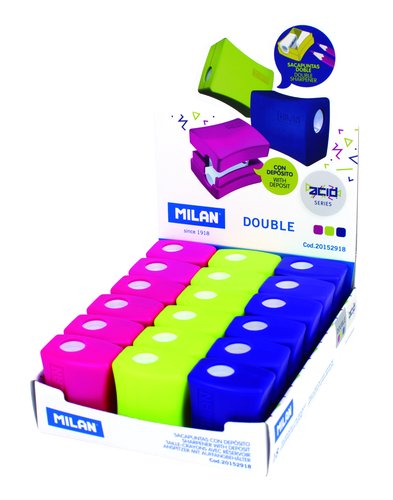 MILAN - Sacapuntas/Afilalapices DOUBLE 1 USO CON DEPOSITO SURTIDO EXPOSITOR de 18 (Ref.20152918)