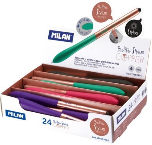 MILAN - BOLÍGRAFO STYLUS COPPER CON PUNTERO AZUL 4 COLORES SURTIDOS EXPOSITOR -24U- (Ref.176593924)