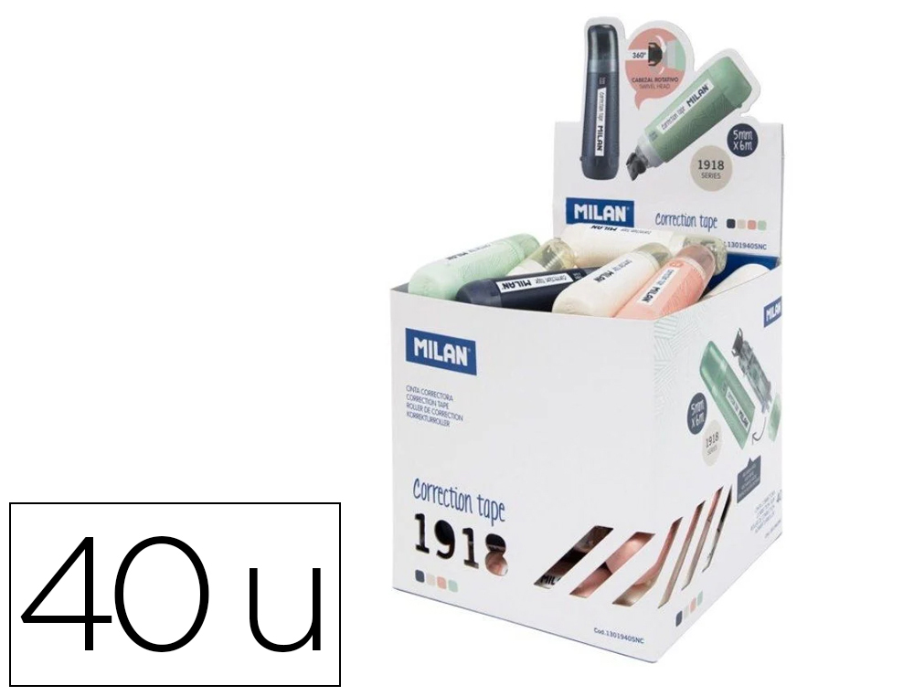 MILAN - CINTA CORRECTORA CILÍNDRICA 5MMX6M SERIE 1918 CUBO EXPOSITOR 40U C/SURTIDOS (Ref.1301940SNC)