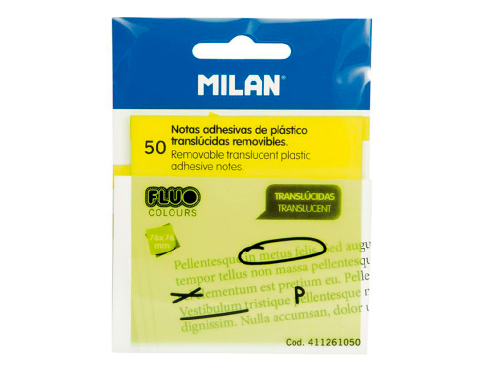 MILAN - NOTAS ADHESIVAS 50 HOJAS 76X76MM TRANSLÚCIDAS AMARILLO FLUORESCENTE (Ref.411261050)