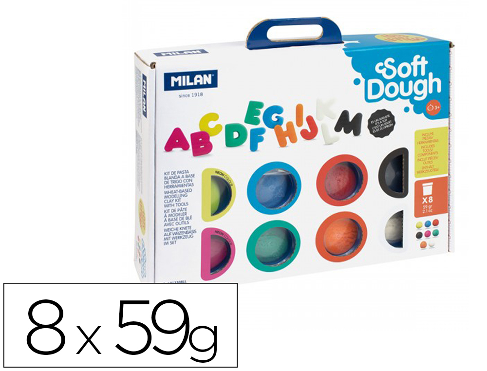 MILAN - PASTA BLANDA SOFT DOUGH MALETÍN 8 BOTES 59GR C/HERRAMIENTAS ABECEDARIO C/SURTIDOS (Ref.913308LL)