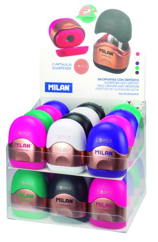 MILAN - Sacapuntas/Afilalapices CAPSULE COPPER CON DEPÓSITO 5 COLORES EXPOSITOR -24U- (Ref.20165224CP)