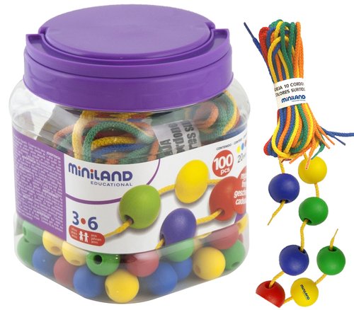 MINILAND - BOTE DE 100 BOLAS ENSARTABLES DE 20mm + 10 CORDONES 1m (Ref.31730)