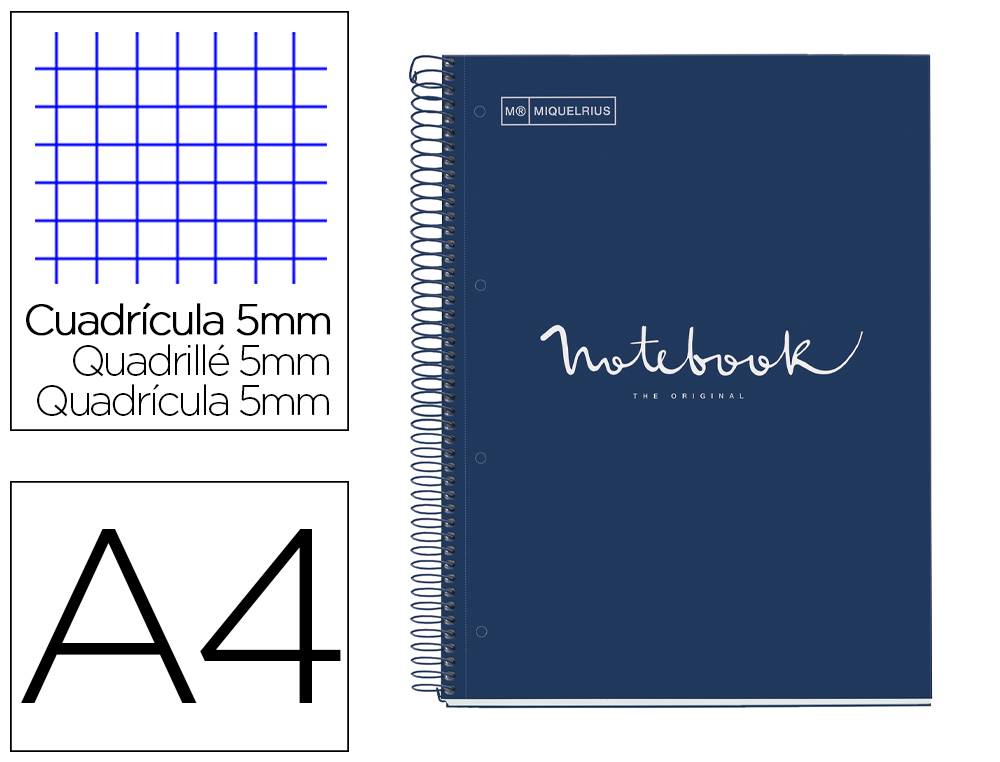 MIQUELRIUS - BLOC EMOTIONS NOTEBOOK 1 micro.tapa DURA A4 80h 90g CUADRIC.5x5 MARINO (Ref.46046)