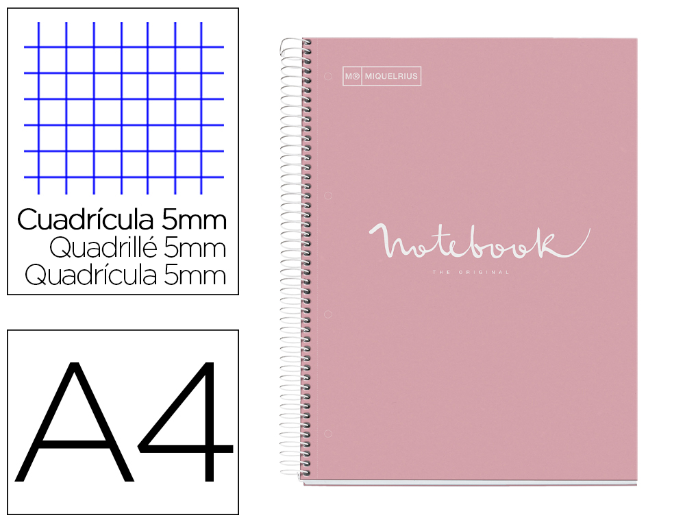 MIQUELRIUS - BLOC EMOTIONS NOTEBOOK 1 micro.tapa DURA A4 80h 90g CUADRIC.5x5 ROSA (Ref.46056)
