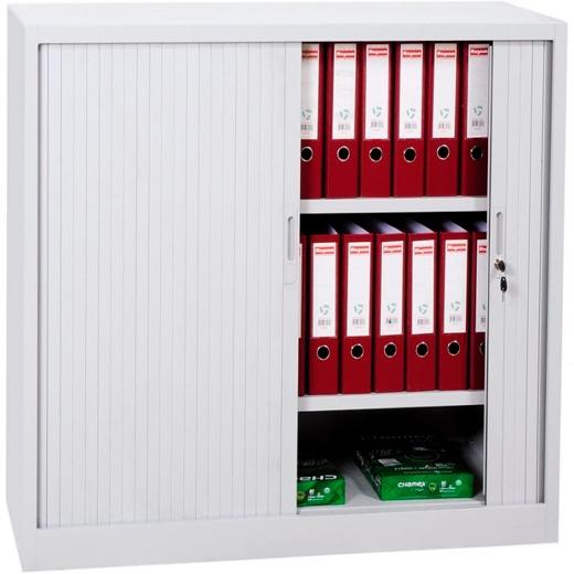 BISLEY - ARMARIO METÁLICO DOS PUERTAS PERSIANA CORREDERAS 100X45X100 CM (ANCHO X FONDO X ALTO) INCLUYE 2 BALDAS ACABADO EN GRIS. (MONTADO) (Ref.SDC/FP.1010)