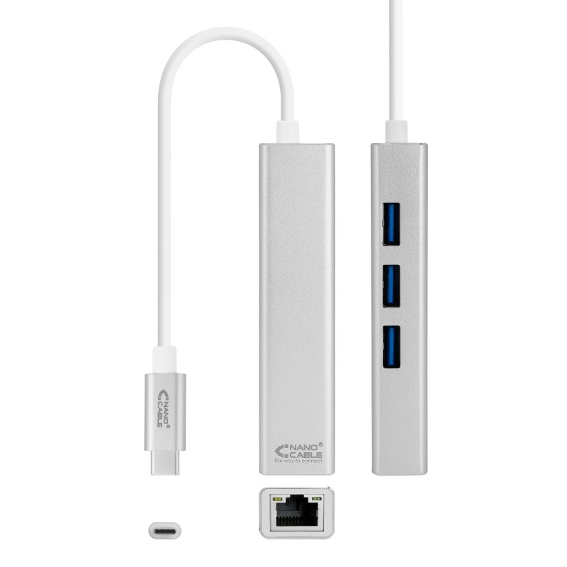 NANOCABLE - Conversor USB-C a Ethernet Gigabit + 3xUSB 3.0, Plata, 15 cm (Ref.10.03.0404)