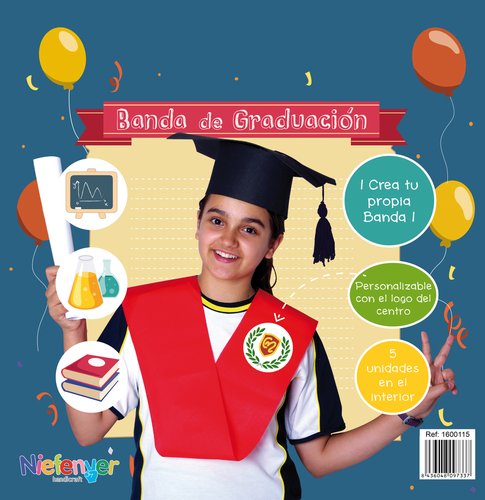 NIEFENVER - BANDA GRADUACION ROJA POLITEXTIL BOLSA de 5 UNIDADES
(incluye adhesivo para personalizar el logo del centro) (Ref.1600115R)