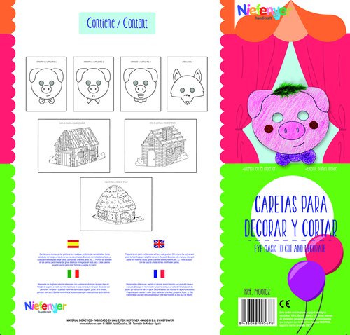 NIEFENVER - CARETA CARTULINA 300 gr. para RECORTAR Y DECORAR LOS 3 CERDITOS PACK de 7 (Ref.1400102)