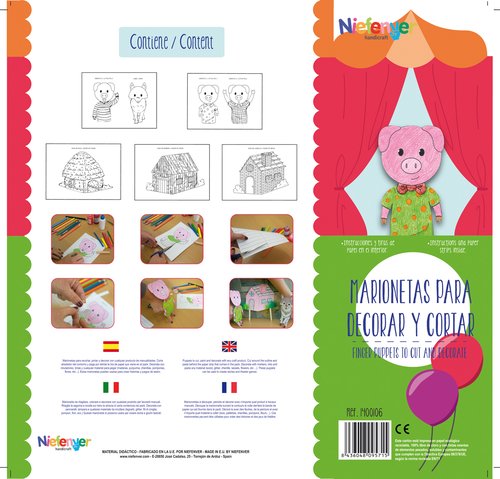 NIEFENVER - MARIONETA DEDO CARTULINA 300 gr. para RECORTAR Y DECORAR LOS 3 CERDITOS PACK de 7 (Ref.1400106)