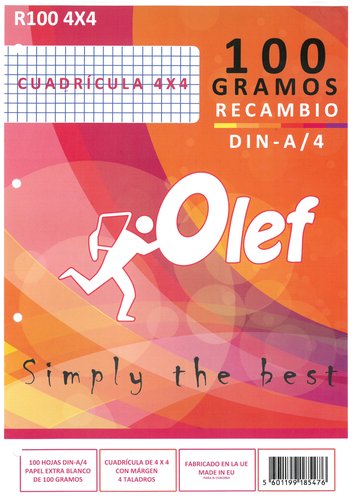 OLEF - RECAMBIO A4 100h 100gr 4 TALADROS CUADRIC.4x4 (Ref.R1004X4)