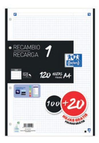 OXFORD - RECAMBIO 100H + 20H GRATIS 4 TALADROS A4 90GR 5X5 1 BANDA NEGRO (Ref.400158165)