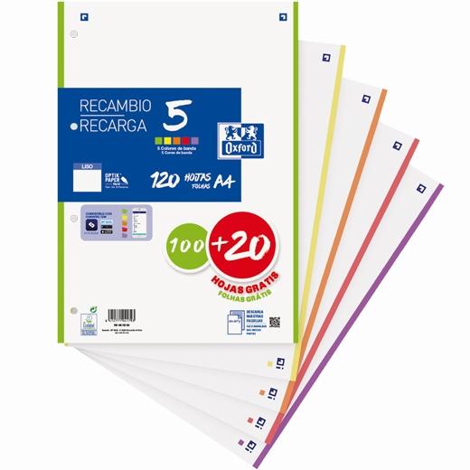 OXFORD - RECAMBIO 100H + 20H GRATIS 4 TALADROS A4 90GR LISO 5 BANDAS C/SURTIDOS VIVOS (Ref.400158168)