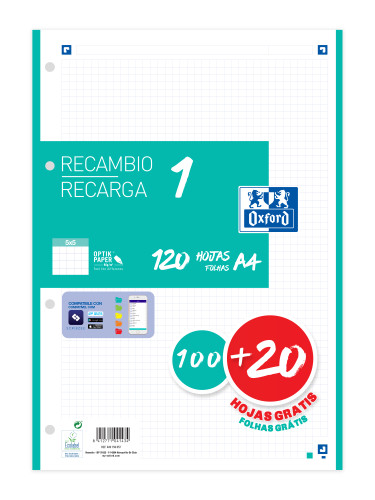 OXFORD - RECAMBIO CLASSIC 1 COLOR 100H + 20H GRATIS A4 90GR 5X5MM 4/TALADROS BANDA VERDE MENTA (Ref.400158057)
