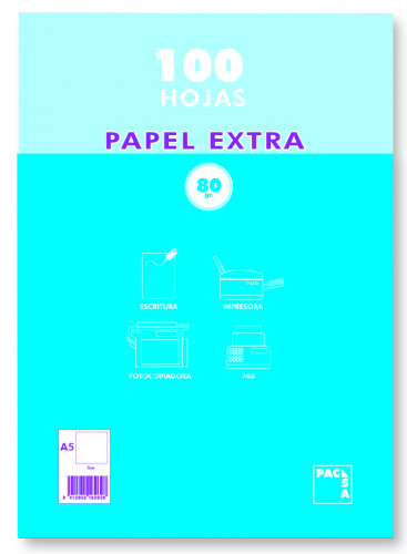 PACSA - PAQUETE PAPEL EXTRA BLANCO SATINADO 100 HOJAS 80 GRS. A-5 (148X210MM.) LISO (Ref.21814)