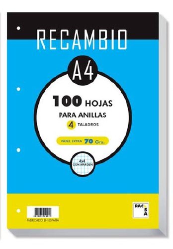 PACSA - RECAMBIO 4 TALADROS 100 HOJAS 70GR 4X4 A4 (Ref.21231)