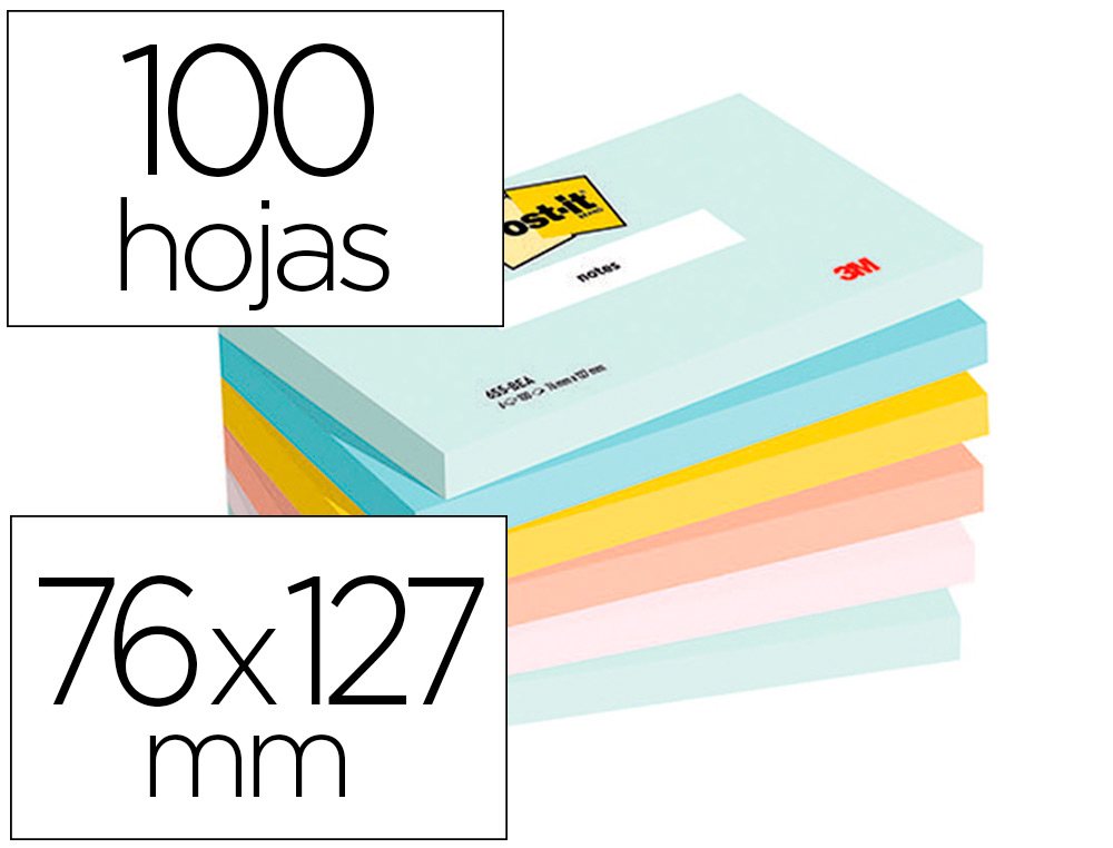POST-IT - BLOC DE NOTAS ADHESIVAS QUITA Y PON BEACHSIDE 100% PEFC 76X127 MM 100 HOJAS PACK DE 6 UNIDADES (Ref.7100259082)