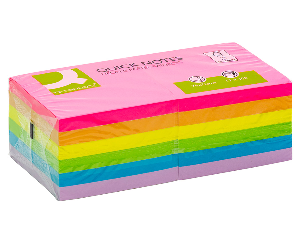 Q-CONNECT - BLOC DE NOTAS ADHESIVAS QUITA Y PON 76X76 MM FSC COLORES NEON Y PASTEL SURTIDOS (Ref.KF10959)